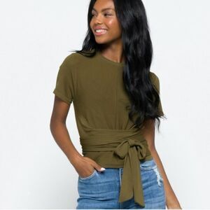 MODERN CITIZEN | Jude Cropped Wrap Knit Top | Olive Green | Size s